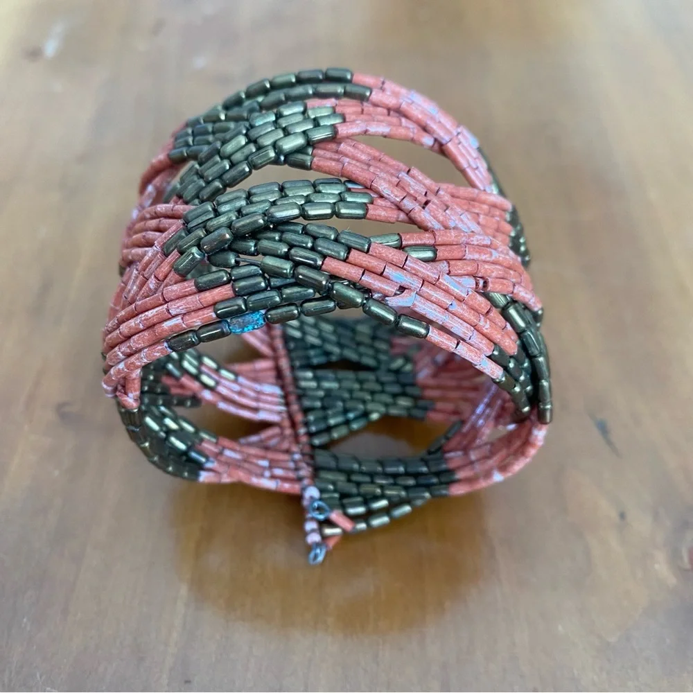 Salmon pink and bronze-gold Multicolor Seed Beaded Cuff Bracelet, 2-inches wide